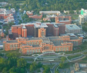 Bird's eye view of the Clinical Center (building 10) on the NIH campus in Bethesda, Maryland