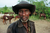 Older man in rugged clothes looks into camera, herd of cattle grazes in the background