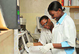 Two women wearing white coats and globes review paperwork together, smiling