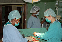 Three medical workers perform surgery in Zambia