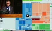 Screen capture of data visualization with inset of Dr Chris Murray speaking at a podium