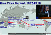 Screen capture of slide on Zika Virus Spread 1947-2016 with inset of NIAID Director Dr Tony Fauci speaking