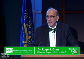 Screen capture of webcast of Fogarty Director Dr Roger Glass welcoming attendees to the Fogarty 50th Anniversary Symposium