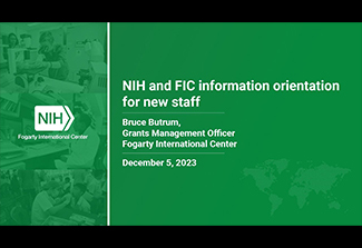 Image of a YouTube screen capture containing title card that says Introduction to NIH and Fogarty extramural grants