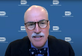 Screen capture of Dr. Peter Kilmarx speaking at the webinar hosted by CUGH Virtual Week