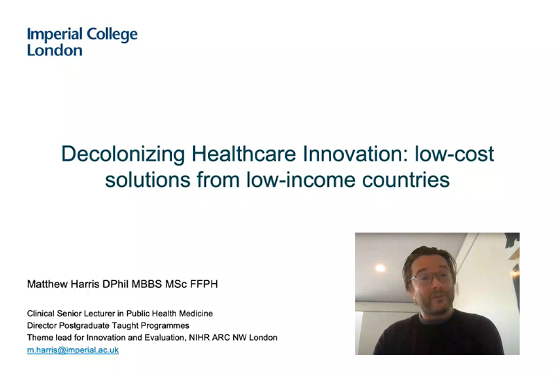 Screen capture of Matthew Harris' presentation slide for Decolonizing Healthcare Innovation