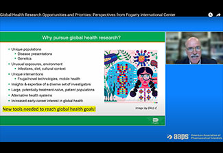 Screen capture of Dr. Peter Kilmarx speaking at the webinar hosted by American Association of Pharmaceutical Scientists.