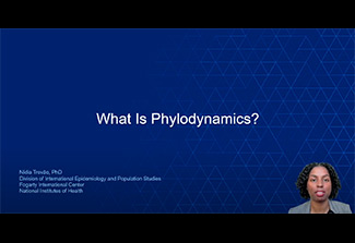 Image of a YouTube screen capture containing Nídia Trovão presenting her discussion topic of What is Phylodynamics