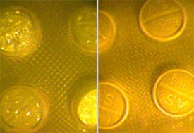side by side comparison of authentic and fake anti-malaria pills.