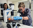 Dr. Penny Moore in lab looks at sample using microscope while her mentee Dr. Jinal Bhiman observes