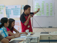 Man leads discussion in classroom, many sticky notes of different colors on white boards and walls, students observe