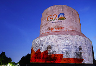 A stone tower in India, painted with the G20 logo.