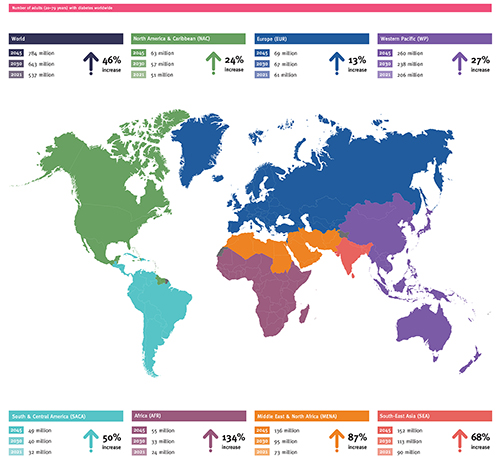 A graphic with projections for diabetes prevalence in various world regions over the next two decades. Worldwide: 46%; North America & the Caribbean: 24%; Europe: 13%; Western Pacific: 27%; South & Central America: 50%; Africa: 134%; Middle East & North Africa: 87%; and South-East Asia 68%