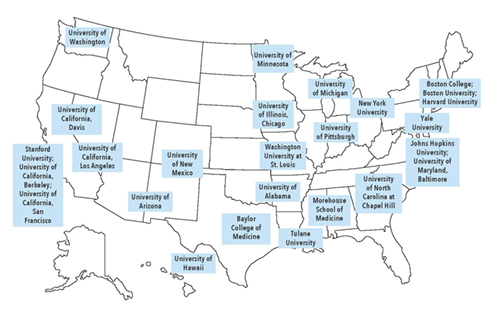 This graphic shows a U.S. map highlighting 28 U.S. institutions that are part of the seven consortia that make up Fogarty's Global Health Program for Fellows and Scholars /Launching Future Leaders in Global Health Research Training Program (LAUNCH). From West to East: University of Hawaii; University of Washington; Stanford University; University of California, Berkeley; University of California, San Francisco; University of California, Davis; University of California, Los Angeles; University of Arizona; University of New Mexico; Baylor College of Medicine; University of Minnesota; University of Illinois,Chicago; Washington University at St. Louis; University of Alabama; Tulane University; University of Michigan; University of Pittsburgh; Morehouse School of Medicine; University of North Carolina a Chapel Hill; Johns Hopkins University; University of Maryland,Baltimore; YaleU niversity; Boston College; Boston University; Harvard University. See caption for a link to a high resolution version.