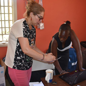 Dr. Ana Lucia Seminario (left) and Moureen Otieno (right) during study startup activities at Jaramogi Oginga Odinga Teaching & Referral Hospital in Kisumu, Kenya