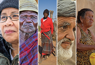 A compilation of five photos of elderly people from around the world
