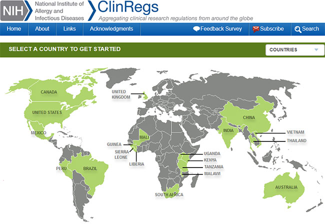 Screen capture of ClinReg online clinical trials database clinregs.niaid.nioh.gov, with map showing countries included.