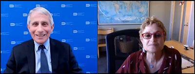 Side-by-side screenshot of Dr. Anthony Fauci speaking with Dr. Michele Barry during the 2021 virtual CUGH annual meeting.