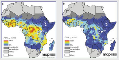 side by side heat maps of Africa compare the effect of malaria control in 2000 and 2015, source http://bit.ly/MAPstudy