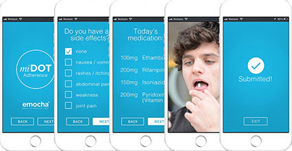 5 progressive screen shots of the emocha to demonstrate monitoring side effects and DOT