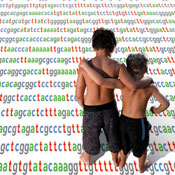 Two boys with backs to camera, arms around each other, look at strings of colored genetic code
