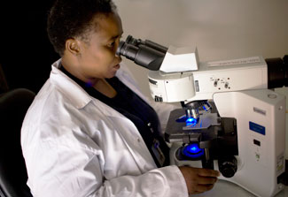Female researcher in white lab coat views sample through a microscope in a dimly lit lab