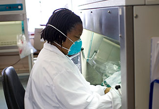 Female researcher working in a lab under a hood in South Africa