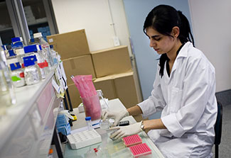 A young female researcher in a white lab coat and protective gloves works with samples in a lab