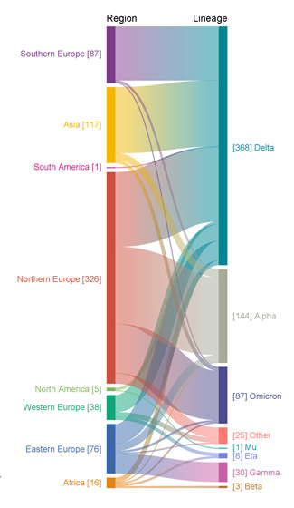 A graph depicting the flow of SARS-CoV-2 lineages into Malta. The number between square brackets depicts the number of sequences attributed to the specific reconstructed origin location (left side) or SARS-CoV-2 variant (right side).