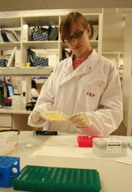 Tessa Lecuyer in white lab coat and gloves observes samples in lab