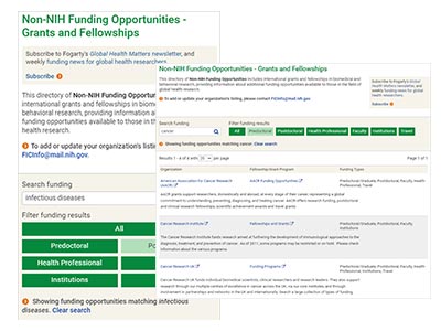 Screenshots from the direcotry of non-NIH funding opportunities.