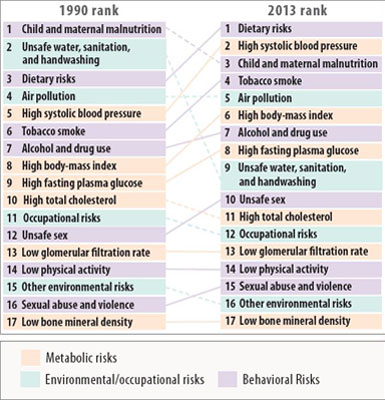 Arrow diagram compares 1990, 2013 rank of DALYs attributed to risk factors, full data http://ihmeuw.org/3qr6