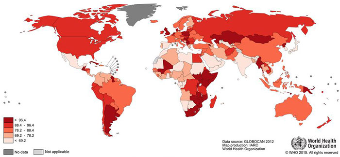 World map shows the estimated cancer mortality of women in 2012, full description and link to source data immediately follows