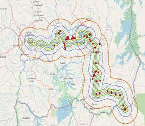 Screen capture of a GPS app used that shows connecting points on a map across Rwanda.