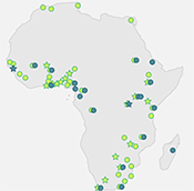 Illustration: Map of the African continent showing the H3Africa site locations in 30 countries. 