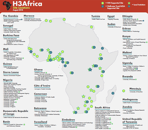 Illustration: Map of the African continent showing the H3Africa site locations in 30 countries.