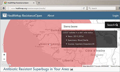 Screen capture of ResistanceOpen database demonstrates example of search for antibiotic resistant superbugs in Sierra Leone
