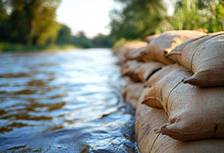 Sandbags line a riverbank to prevent flooding in a serene natural setting during late afternoon light