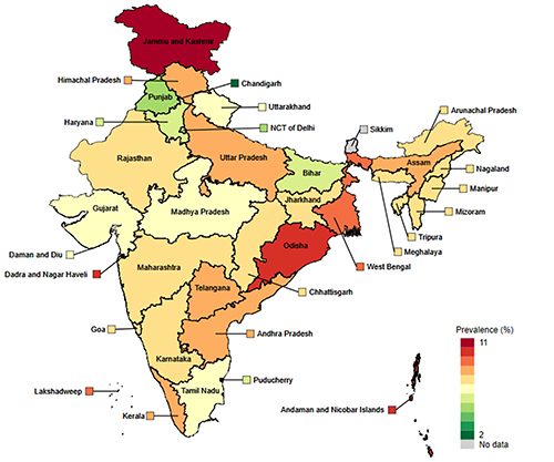 The map on this page shows that the burden of dementia prevalence is unevenly distributed across states and subpopulations in India.