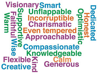 Word cloud describing Dr. Ken Bridbord, including: Wise, Visionary, Creative, Warm, Flexible, Generous, Dedicated, Smart