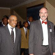 Dr. Peter Kilmarx (right) meets President Festus Mogae (left) at the 10th Anniversary of CDC Botswana (BOTUSA) in 2005.