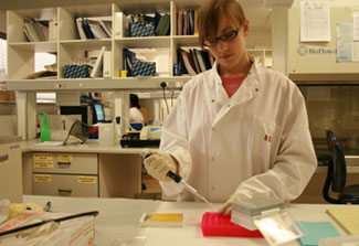 Veterinary-scientist Tessa Lecuyer in white lab coat and gloves observes samples in lab