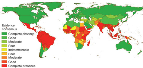 Reprinted by permission Macmillan Publishers Ltd Nature 2013, map of global dengue distribution, described #denguemapdescription