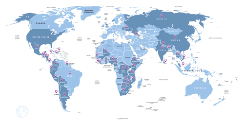 World map with the 48 countries which  hosted at least one research site from 2004 to 2021