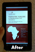After: Compact handheld e-reader shows cover page of digital textbook