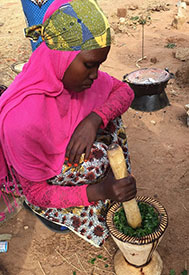 Crushing moringa leaves using a mortar and pestle.