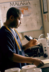 Researcher wearing scrubs in lab prepares samples, microscope in background, poster on wall reads Malaria