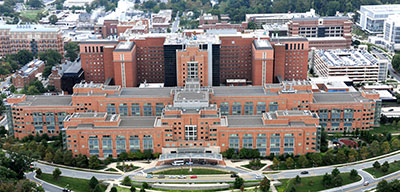 Aerial view of the Clinical Center (Building 10), NIH Campus, Bethesda, MD