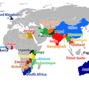 A world map highlighting the countries that participate the NIMH-supported Research Partnerships for Scaling Up Mental Health Interventions in Low- and Middle-Income Countries (Scale-Up Hubs). East Asia and the Pacific: Australia, China, Papua New Guinea. Timor – Leste, Vietnam. Eurasia: South and Central Asia: Afghanistan, Bangladesh, Burma (Myanmar), India, Nepal, Pakistan, Thailand. Europe:, United Kingdom. Middle East & North Africa: Egypt, Iran, Jordan. Sub-Saharan Africa: Botswana, Ghana, Kenya, Liberia, Malawi, Mozambique, Sierre Leone, South Africa, Tanzania, Uganda, Zambia. Americas and the Caribbean (Western Hemisphere) :, Chile, Colombia, Peru, United States.