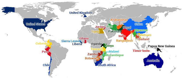 A world map highlighting the countries that participate the NIMH-supported Research Partnerships for Scaling Up Mental Health Interventions in Low- and Middle-Income Countries (Scale-Up Hubs). East Asia and the Pacific: Australia, China, Papua New Guinea. Timor – Leste, Vietnam. Eurasia: South and Central Asia: Afghanistan, Bangladesh, Burma (Myanmar), India, Nepal, Pakistan, Thailand. Europe:, United Kingdom. Middle East & North Africa: Egypt, Iran, Jordan. Sub-Saharan Africa: Botswana, Ghana, Kenya, Liberia, Malawi, Mozambique, Sierre Leone, South Africa, Tanzania, Uganda, Zambia. Americas and the Caribbean (Western Hemisphere) :, Chile, Colombia, Peru, United States.